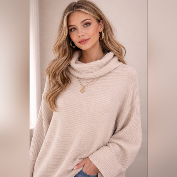 Free People Sweaters - We The Free Sweater Women's Medium M Cream Waffle Cowl Neck Oversized Cozy
